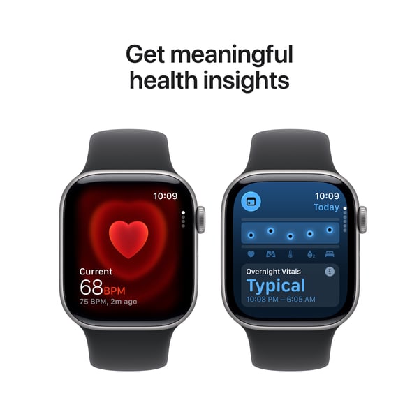 Apple Watch Series 11 (GPS) 42 mm stjärngrå aluminiumhölje och svart sportband, S/M