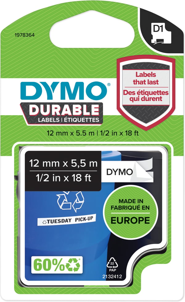 Dymo D1 Durable -hållbar etikett 12 mm x 5,5 m, svart på vit botten