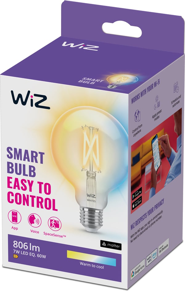WiZ smartlampe globe, E27, klar glas, justerbar hvid