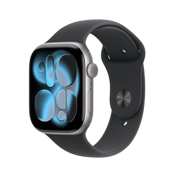 Apple Watch Series 11 (GPS) 46 mm stjärngrå aluminiumhus och svart sportarmband, S/M