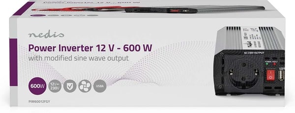 Nedis PIM60012FGY inverter, 12 V, 600 W, modifierad sinusvåg