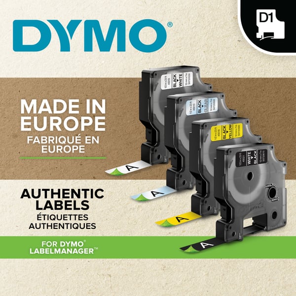 Dymo D1-tejp 12 mm x 7 m, vit med transparent bakgrund