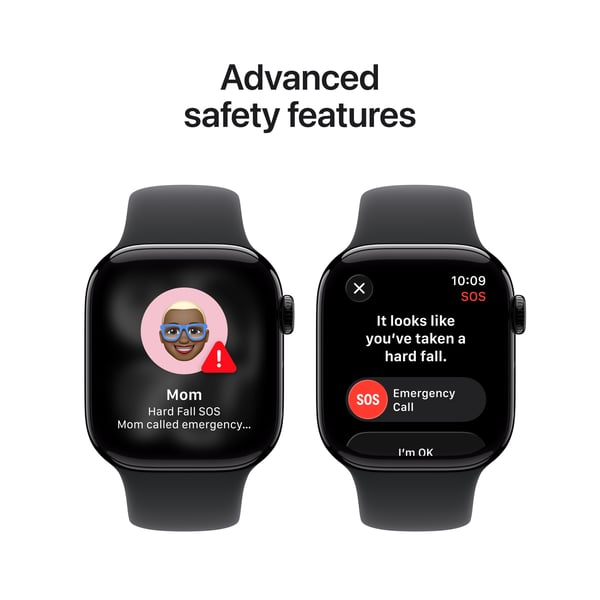 Apple Watch Series 11 (GPS + Cellular) 42 mm spegel svart aluminiumfodral och svart sportarmband, S/M