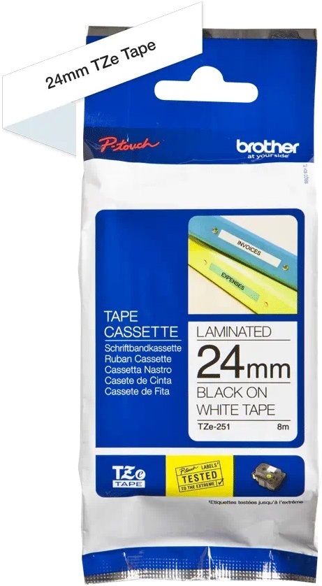 Brother TZe-251 -etikettband, 24 mm x 8 m, svart på vit bakgrund