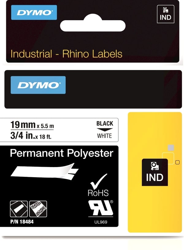Dymo Rhino Industrial -polyesterband 19 mm x 5,5 m, svart på vit botten