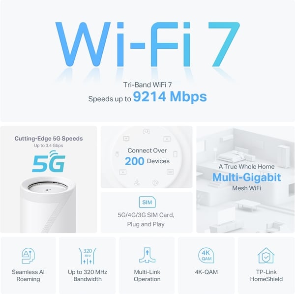 TP-LINK Deco BE65-5G Tri-Band 5G/4G/3G-modem och WiFi 7-basstation