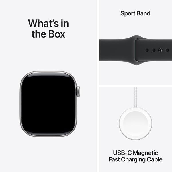 Apple Watch Series 11 (GPS) 42 mm stjärngrå aluminiumhölje och svart sportband, S/M