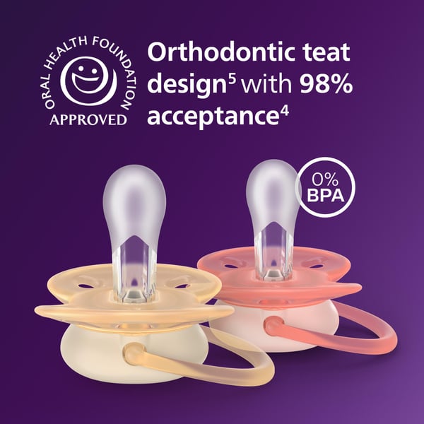 Philips Avent Ultra soft-napp, 0–6 mån, 2 st/förpackning, gul/orange, 80 % växtbaserade material