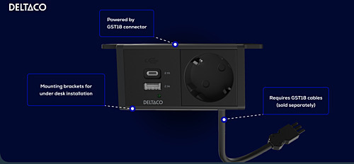DELTACO strömpanel, 1 uttag, 1x21W A+C USB-laddare, GST18-kontakt