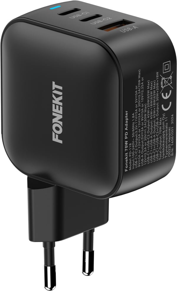 FoneKit GaN PD 70W nätadapter, USB-C + USB-C + USB-A, svart