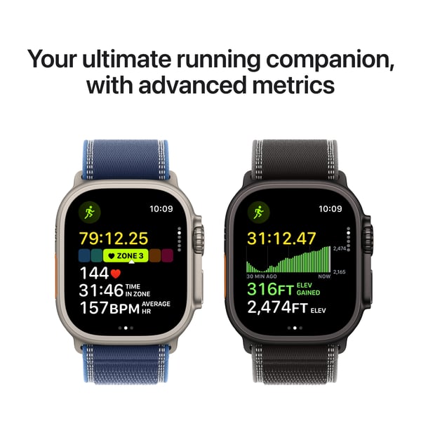 Apple Watch Ultra 3 (GPS + Cellular) 49 mm svart titanboett och svart Trail-armband, M/L