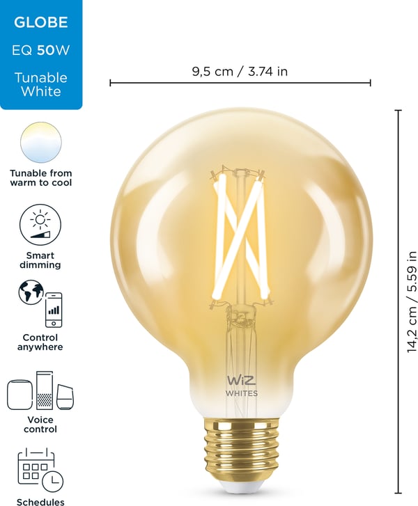 WiZ smartlampa globe, E27, bärnstenfärgat glas, tunable white - vitt ljusnyanser, Wi-Fi, 2000-5000 K, 640 lm, 9 cm