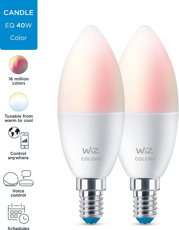 WiZ smartlampe, E14, RGBW - alle farver og nuancer af hvidt lys, Wi-Fi, 470 lm, 2-pak