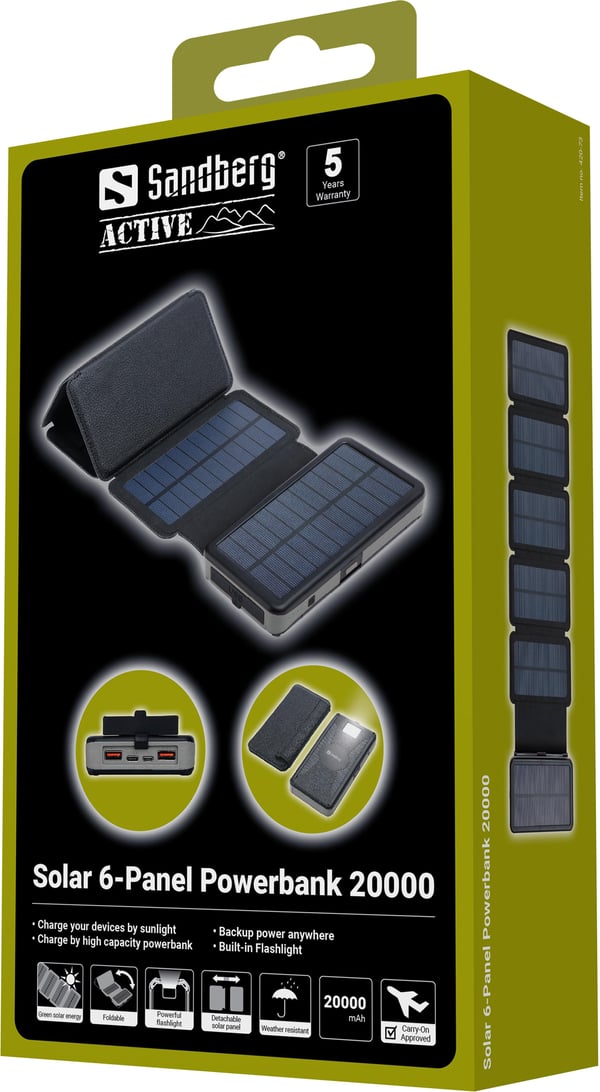 Sandberg Solar powerbank med solpanel, 20000 mAh