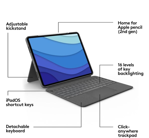 Logitech Combo Touch -tastatur/beskyttelsesskal, 12,9" iPad Pro (5. og 6. generation)