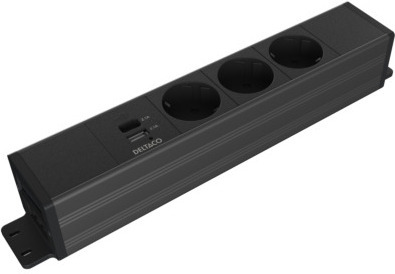 DELTACO strømpanel, 3 udtag, 1x21W A+C USB-oplader, GST18-tilslutning, kædning