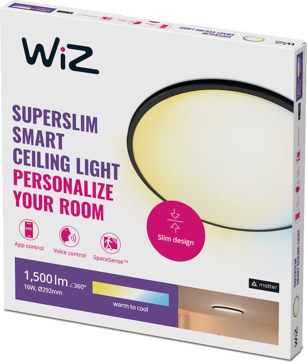 WiZ SuperSlim -takplafond, rund, svart, 16 W, justerbart vitt, Wi-Fi