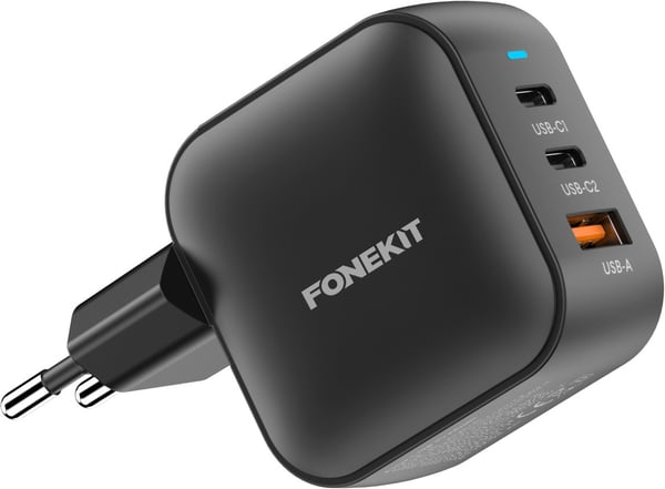 FoneKit GaN PD 70W nätadapter, USB-C + USB-C + USB-A, svart