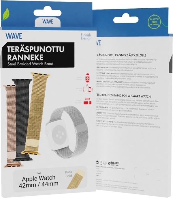 Wave flettet stållænke, Apple Watch 42 mm / 44 mm / 45 mm, guld Wave flettet stållænke, Apple Watch 42 mm / 44 mm / 45 mm, guld