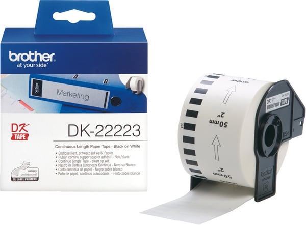Brother DK-22223 etikettband, papper, 50 mm x 30,48 m, svart på vit botten
