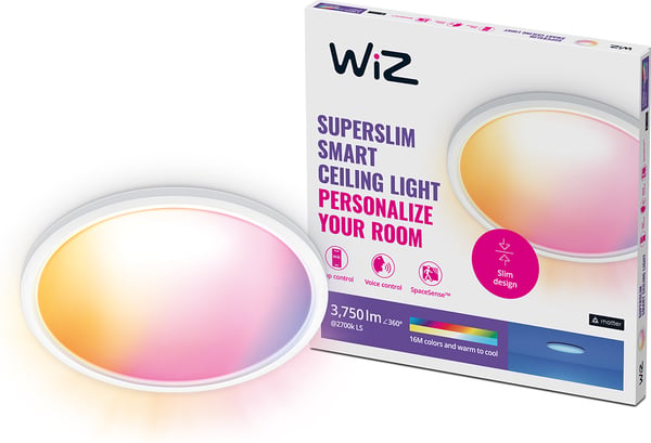 WiZ SuperSlim loftlampe, rund, hvid, WiFi, 32 W, RGB, 2200-6500 K, 3750 lm