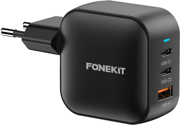 FoneKit GaN PD 70W nätadapter, USB-C + USB-C + USB-A, svart