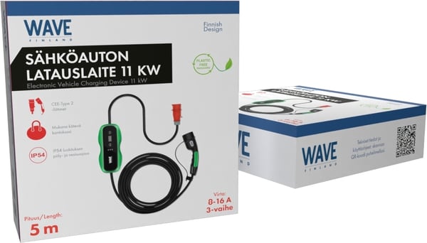 Wave EV 3-fasig laddare för elbilar, 11 kW, 3 x 16 A, Typ2, 5 m, svart