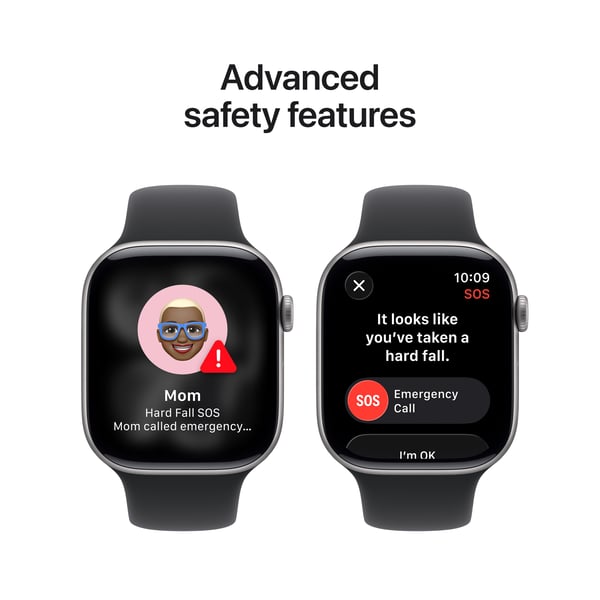 Apple Watch Series 11 (GPS) 46 mm stjärngrå aluminiumhus och svart sportarmband, S/M