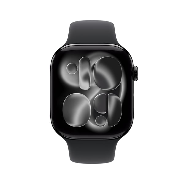 Apple Watch Series 11 (GPS) 46 mm spegel svart aluminiumskal och svart sportarmband, M/L