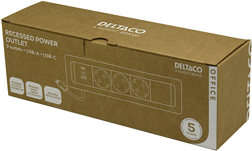 DELTACO indbygget strømstik, 3 stik, 1x21W A+C USB-lader, GST18, kædning