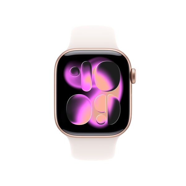 Apple Watch Series 11 (GPS + Cellular) 42 mm roséguld aluminiumkapsel och röd sportarmband, S/M