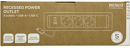 DELTACO indbygget strømstik, 3 stik, 1x21W A+C USB-lader, GST18, kædning