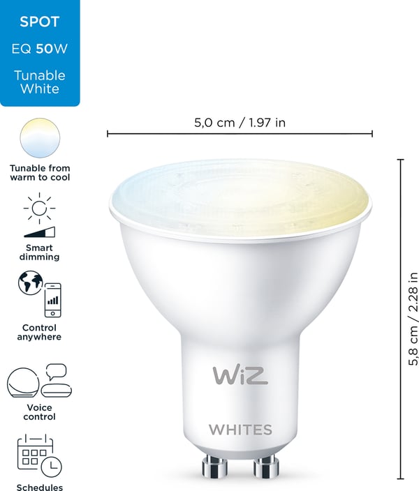 WiZ smartlampa, GU10, vita ljusnyanser, Wi-Fi, 2700-6500 K, 345 lm, 2-pack