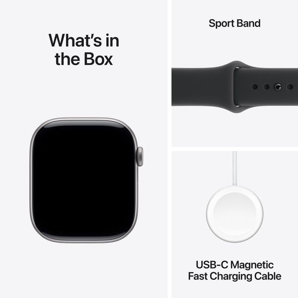 Apple Watch Series 11 (GPS) 46 mm stjärngrå aluminiumhus och svart sportarmband, S/M