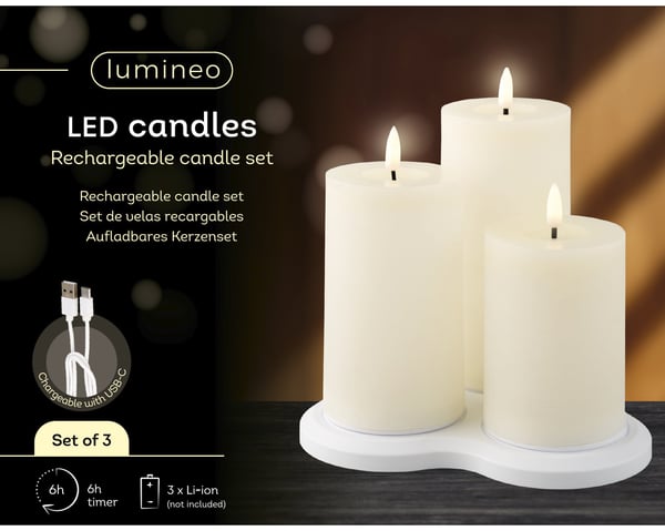 Lumineo uppladdningsbara vaxljus, 3 st, vit