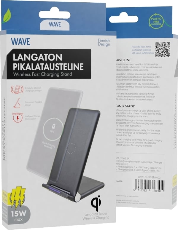 Wave Qibordholder med trådløs opladning på 15W, sort.