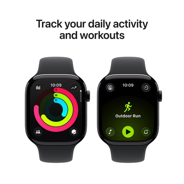 Apple Watch Series 11 (GPS) 46 mm spegel svart aluminiumskal och svart sportarmband, M/L