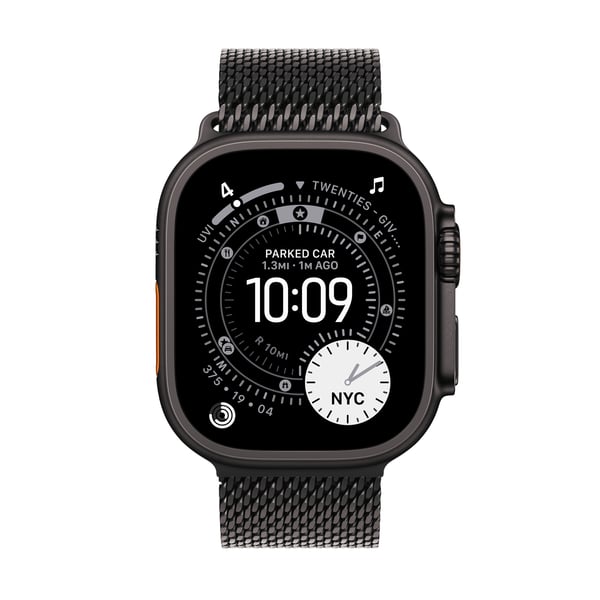 Apple Watch Ultra 3 (GPS + Cellular) 49 mm svart titanhus och svart milanesiskt armband, medelstor