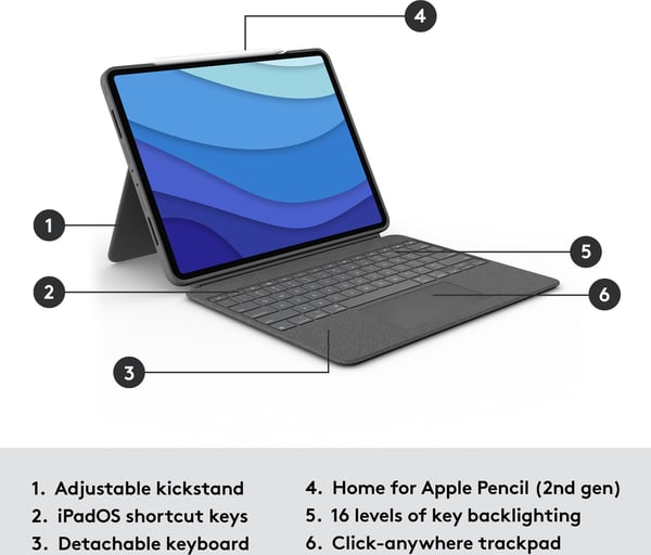 Logitech Combo Touch -tastatur/beskyttelsesskal, 12,9" iPad Pro (5. og 6. generation)