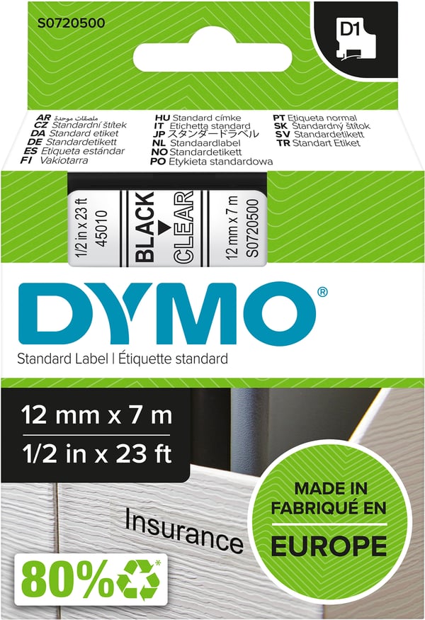 Dymo D1-tejp 12 mm x 7 m, svart på genomskinlig botten