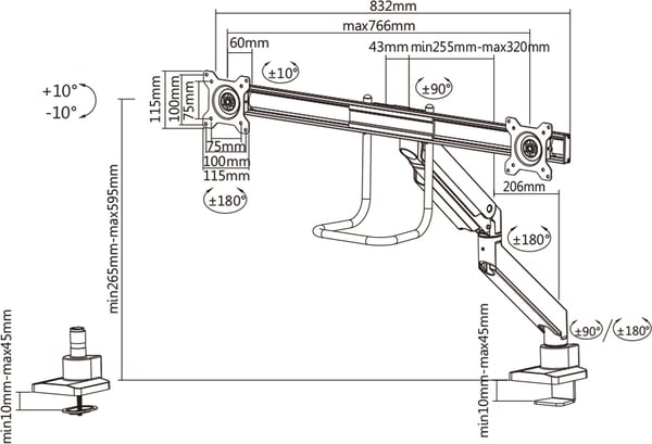 Neomounts NM-D775DX -monitorarm för två skärmar, svart