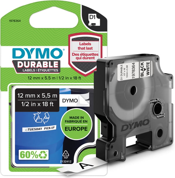 Dymo D1 Durable -hållbar etikett 12 mm x 5,5 m, svart på vit botten