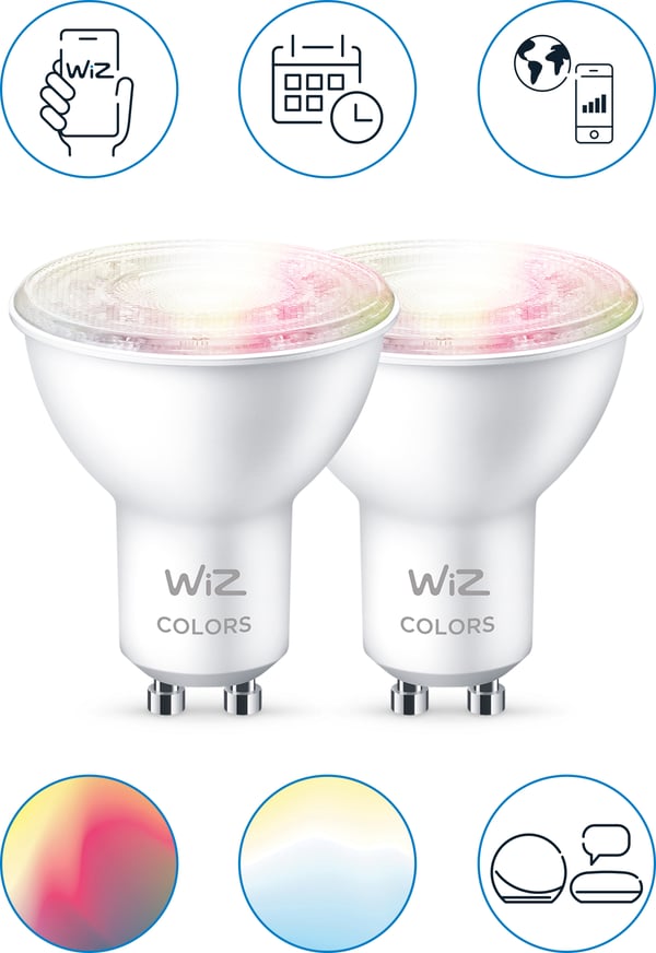 WiZ smartlampa, GU10, RGBW, alla färger och vita nyanser, Wi-Fi, 345 lm, 2-pack