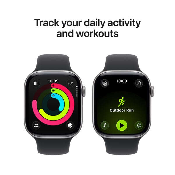 Apple Watch Series 11 (GPS) 46 mm stjärngrå aluminiumhölje och svart sportarmband, M/L