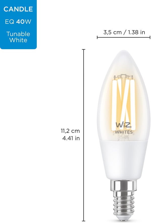 WiZ smartlampe, E14, klart glas, tunable white - hvide lysfarver, Wi-Fi, 2700-6500 K, 470 lm