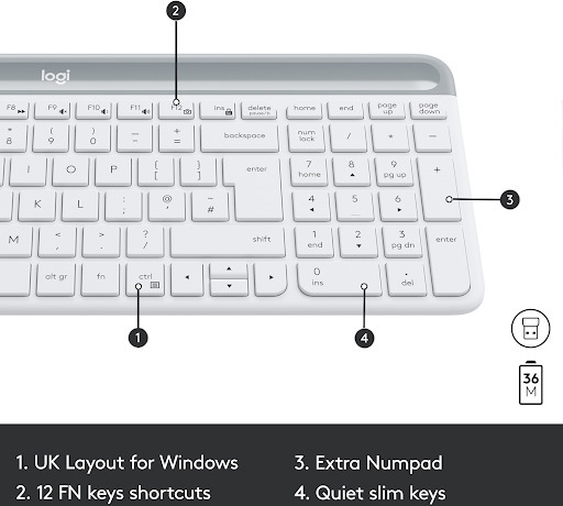 Logitech MK470 Slim -tastatur og mus, hvid
