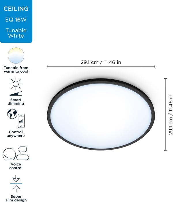 WiZ SuperSlim -takplafond, rund, sort, 16 W, justerbar hvid, Wi-Fi