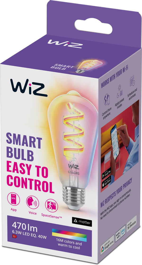 WiZ smartlampe, E27, ST64, RGB, Wi-Fi, 2200-6500 K, 470 lm, 1 stk