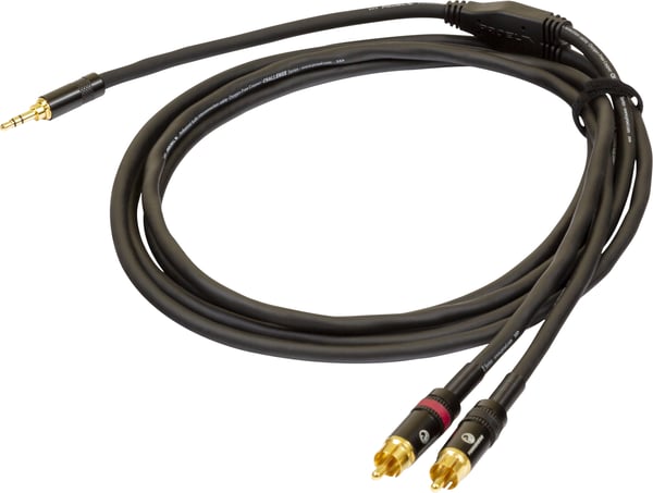 PROEL 3,5 mm stereo hane - 2 x RCA hane, 1,5 m, svart