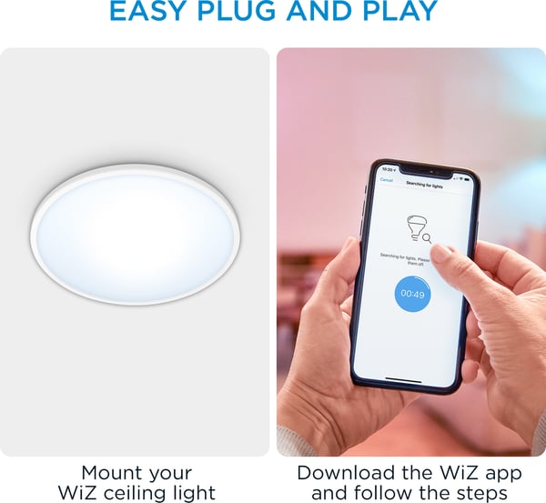 WiZ SuperSlim -loftlampe, rund, hvid, 14 W, justerbar hvid belysning, Wi-Fi